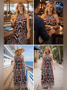 London Style Black and Coral Halter Maxi Dress